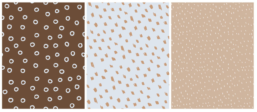 Blue And Brown Seamless Vector Pattern With Circles, Dots And Spots. Irregular Abstract Doodle Print Ideal For Fabric, Packaging.Childish Hand Drawn Spots And Dots On Blue, Beige And Brown Background.