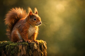 Fototapeta premium Red Squirrel Sitting on Mossy Tree Stump in Golden Light