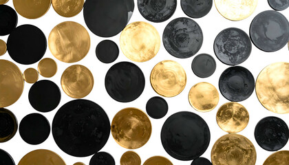 A close-up view presents an arrangement of numerous circular forms, varying in size and metallic finish. The circles are gold, black, and gray