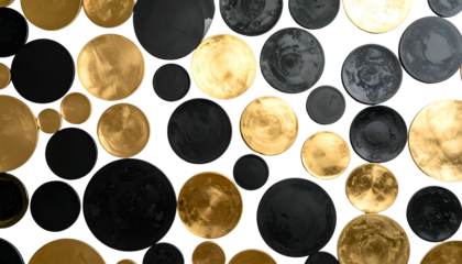 A close-up view presents an arrangement of numerous circular forms, varying in size and metallic finish. The circles are gold, black, and gray
