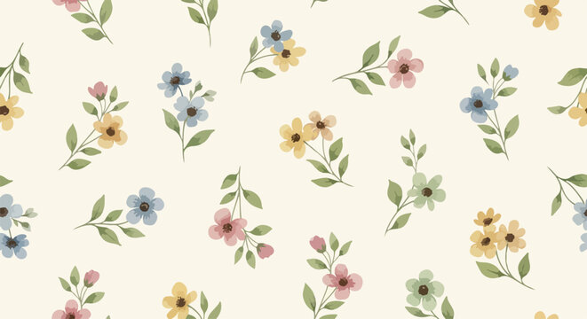 Seamless ditsy floral pattern with cute little flowers on white background