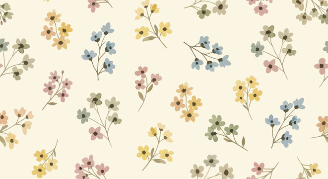 Seamless ditsy floral pattern with cute little flowers on white background