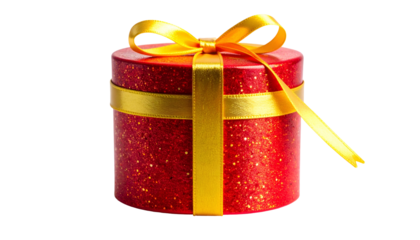 A cylindrical, glittering red gift box tied with a golden satin ribbon and bow, ready to be presented