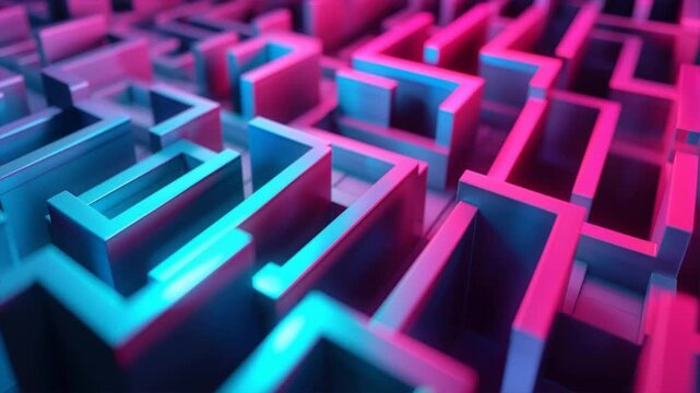 A vibrant and intricate maze design with glowing blue and pink hues that creates a sense of depth and intrigue.