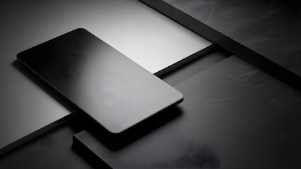 Sleek black digital device with a blank screen resting on a dynamic composition of dark, geometric metallic surfaces, highlighting modern technology and minimalist design