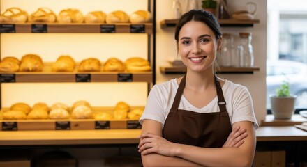 Smiling young bakery owner with arms crossed in warm store in front of bread display