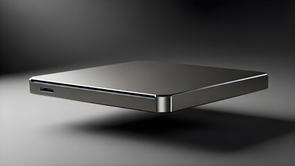 Sleek, Modern Metallic Square Device Floating Above a Dark, Textured Surface