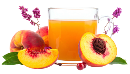A glass cup filled with peach-colored beverage, surrounded by fresh peaches, a halved peach, and flowers