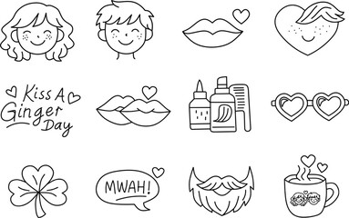 Kiss a ginger day icons collection. Hand drawn outline vector illustration