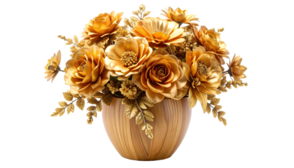 A golden floral arrangement, likely artificial, sits in a textured wooden vase against a transparent background