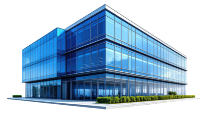 A modern, three-story office building with a glass facade, reflecting the sky. Bushes line the base