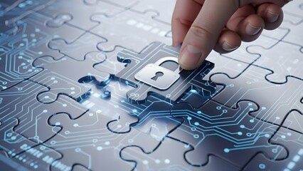 Hand placing a cybersecurity padlock puzzle piece onto a glowing circuit board, symbolizing digital data protection.