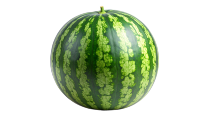 A round, striped watermelon isolated on a black background, showcasing its green rind with lighter, irregular patterns