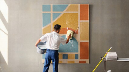 A man in a white shirt and blue pants is cleaning a colorful wall mural with a sponge. Bright and artistic home decor.