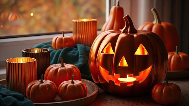 A festive Halloween display featuring a glowing jack-o'-lantern surrounded by small decorative pumpkins and warm candles, set against an autumnal window. - Powered by Adobe