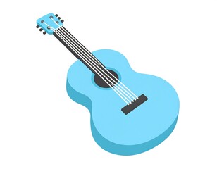 Fototapeta premium Isometric light blue guitar, angled, strings stretched from headstock to body, dark accents