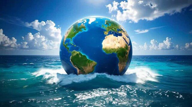 Vibrant globe floating on the ocean surface, showcasing continents under a cloudy sky.