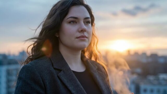 beautiful thick women - A serene woman enjoys a warm beverage while basking in the golden glow of a sunset, exuding tranquility against a cityscape backdrop
