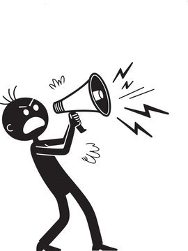 Angry stick figure shouting loudly through megaphone with dynamic motion lines