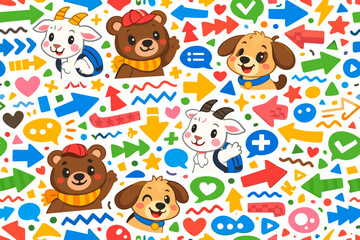 Naklejka premium Cute children's/cartoon repeating pattern featuring the following characters: Bear, Puppy, Goat with small horns, Plus a bunch of geometric shapes