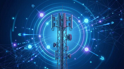 5G wireless communication tower with digital network waves, telecom technology, data transmission and future connectivity concept.