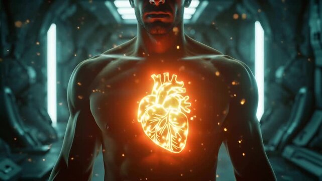 Cinematic close-up man glowing nuclear reactor core his chest, heart replaced by pulsating energy core, futuristic sci-fi interior, soft neon radiation glows, sparks plasma floating environment