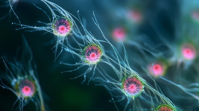 Colorful marine phytoplankton micrograph with soft banner copy space