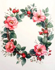 Floral Wreath with Pink Roses and Green Leaves Illustration.