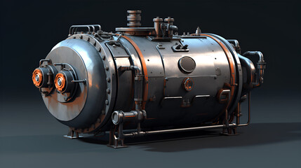 Industrial steam boiler with metallic surface, intricate piping, and valves, showcasing engineering design and functionality in a modern mechanical environment