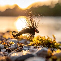 Fly Fishing Lure on Rocky Shore at Sunset - A Close-Up.
