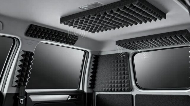 Medium shot of acoustic baffles installed in a vehicle cabin showcasing their role in reducing echo and controlling sound reflections for enhanced noise management