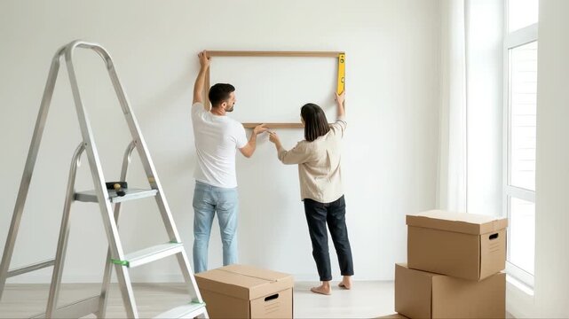 Couple collaborating to hang a picture frame on a blank wall, using a level for precise alignment while surrounded by unpacked boxes in a bright, modern living space with natural light