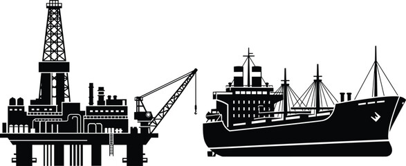 Offshore oil rig and cargo ship silhouettes, petroleum industry marine transportation, energy logistics concept, black vector illustration isolated © Bappi Creatives