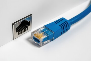 Close-up shot of a blue network cable connected to a white port, symbolizing seamless connectivity