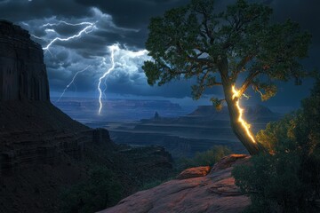 Fototapeta premium Lightning strikes a lone tree in a dramatic desert landscape during a thunderstorm