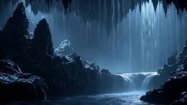 Mystical Cave Waterfall Scene