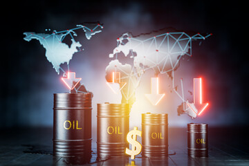 A black oil barrel with a red arrow indicating a downward trend. Economic crisis, accompanied by falling oil prices, financial risk and market volatility, and the concept of losses. 3D render