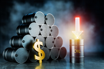 Financial risk and market volatility, and the concept of losses. A black oil barrel with a red arrow indicating a downward trend. Economic crisis, accompanied by falling oil prices. 3D render