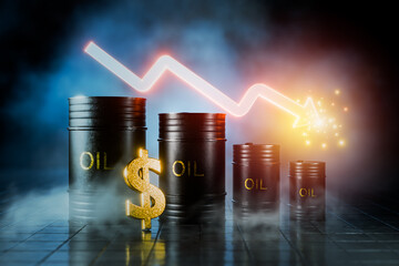 Economic crisis, accompanied by falling oil prices, financial risk and market volatility, and the concept of losses. A black oil barrel with a red arrow indicating a downward trend. 3D render