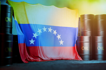 The price of oil produced in Venezuela. Venezuelan oil. Black barrels of oil or fuel with the Venezuelan flag. Oil production in Venezuela. 3D render.