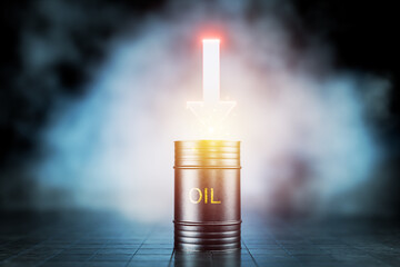 Economic crisis, accompanied by falling oil prices. Financial risk and market volatility, and the concept of losses. A black oil barrel with a red arrow indicating a downward trend. 3D render