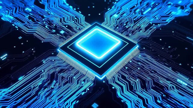 Blue glowing circuit board with central chip