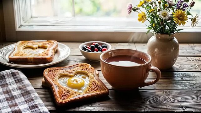 Breakfast scene featuring heart-shaped toast with egg, steaming cup of coffee, fresh berries in bowl, and vibrant flowers in vase, showcasing a delightful and inviting morning setup