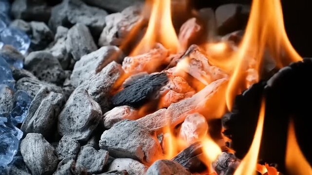 A close-up of fire burning among rocks and blue glass chunks, with contrast