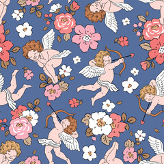 Seamless vector pattern with Valentine cupid character and spring flowers. Cute vintage angel illustration for fabric or print design.	