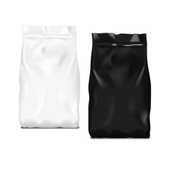Plastic, paper or foil bag with zip lock front view. Black and white. Realistic vector mockup. Zipper pouch package. Mock-up. Retail product blank resealable package. Template for design