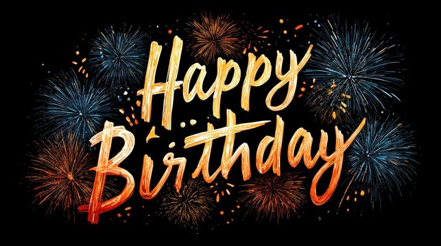 Happy Birthday Text with Fireworks on Black Background for Celebrations