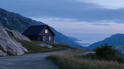 Peaceful Cozy Cabin Nestled Among Rocky Hills at Twilight with Serenity and Nature's Beauty