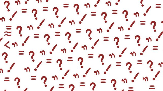 On a white background there is a stream of small red symbols moving, including question marks, exclamation marks, commas, equal signs, and so on.