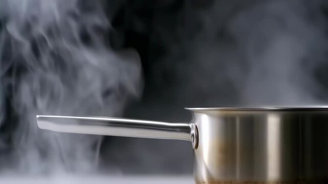 Steel Pot Steam Cooking Over Black Background